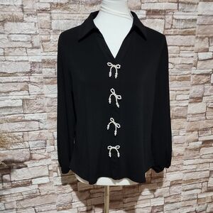 Adrianna Papell Brand New Elegant Black Blouse with Bow Accents